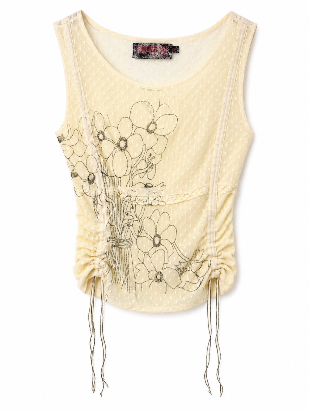 Y2K Sheer Floral Mesh Ruched Tank Top Cream Size S HYPY HYPY - Picture 1 of 4